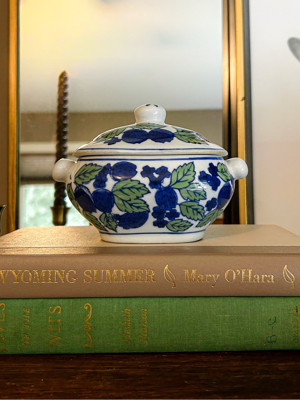 Vintage Gryphonware Porcelain Oval Trinket Dish with Lid - Blue & Green